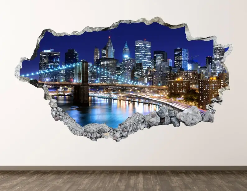 

New York View Wall Decal - Night Skyline 3D Smashed Wall Art Sticker Kids Decor Vinyl Mural Poster Custom Gift KD467