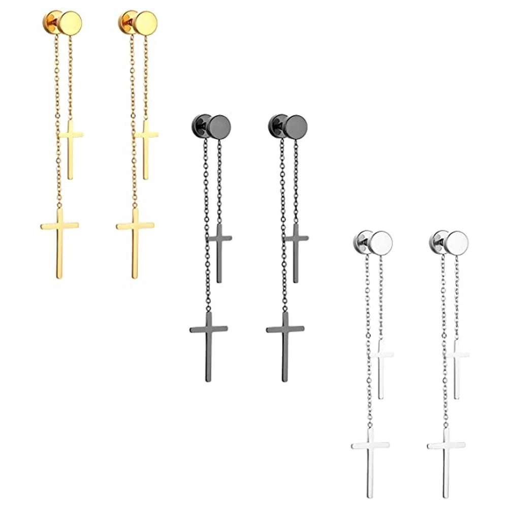 

3 Pairs of Stud Earrings Cross Pendant Stainless Steel Round Double Cross Tassel Ear Pierced Earrings Set