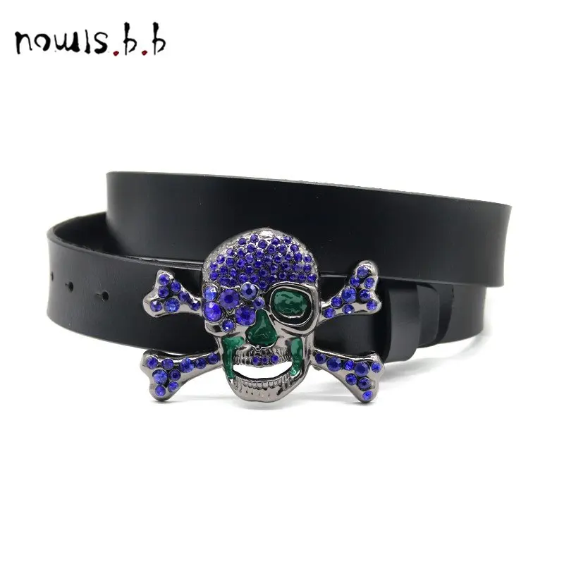 NOWISBB Genuine Leather Belt Punk Western Rhinestones Skull Buckle Cinturones Para Hombre Cinto De Strass Cinturones Para Mujer