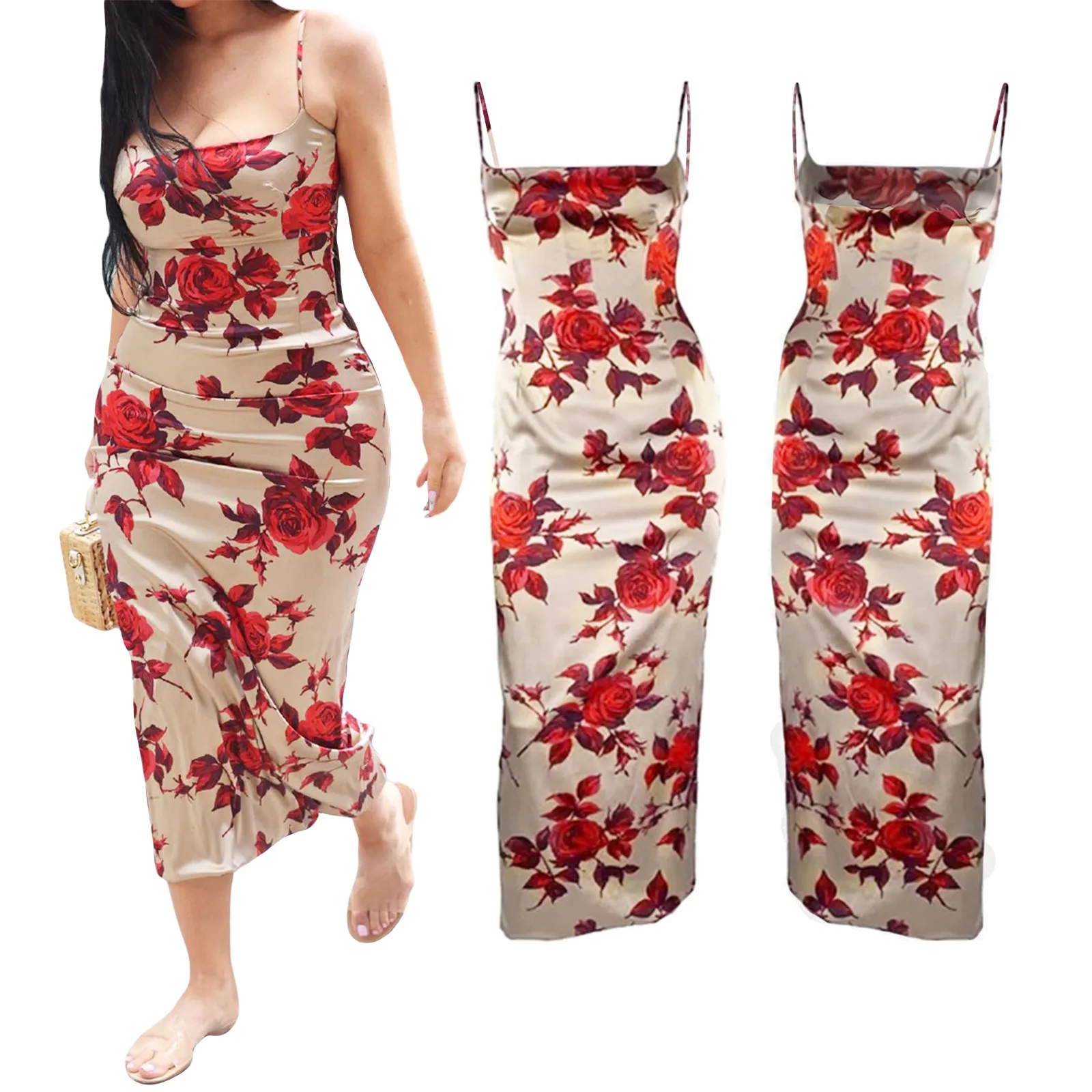 

Y2K Floral Print Spaghetti Strap Long Dress Elegant Bodycon Tank Dress Sleeveless Maxi Summer Aesthetic Vintage Party Dresses