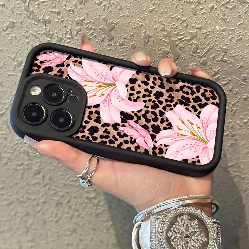 Фото Чехол для телефона с леопардовым принтом и розовыми лилиями для iPhone 17 16 Pro Max 11 13 12 14 15 8 7 Plus XS XR X 16E 17E, противоударный, из ТПУ №5