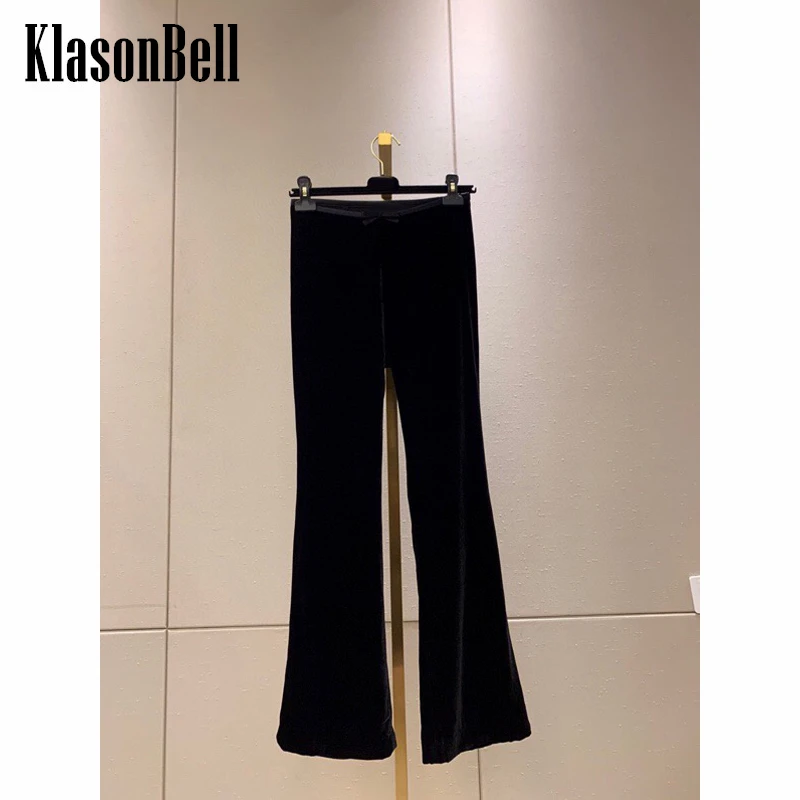 

9.24 KlasonBell Bow Decoration Solid Color High Waist Velvet Flared Pants Women