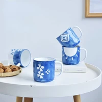 blue mug teal hand painted pattern round ceramic bottle with handle elegant fresh breakfast milk coffee gift cup