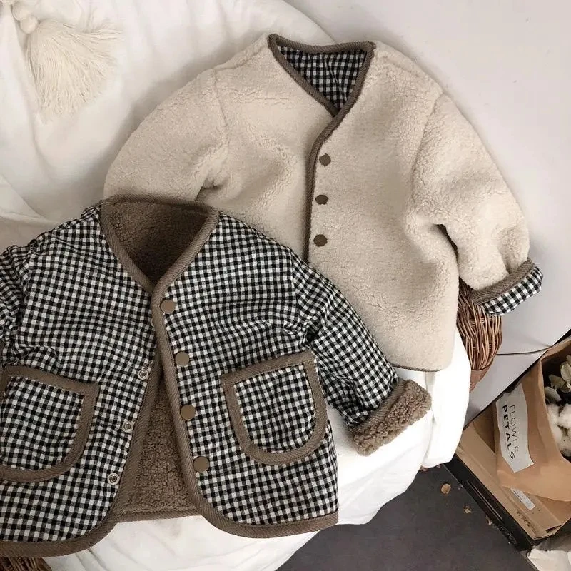 

2022 Autumn Winter Baby Kids Boys Girls Plaid Wool Korean Jackets on Both Sides Coats Tops Children's Thickened Warm Jacket