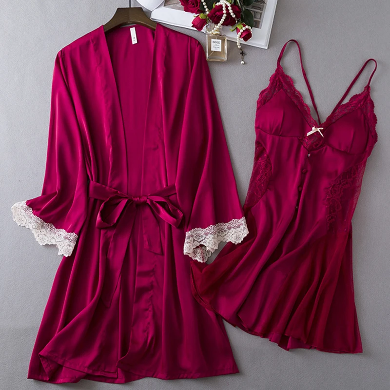 

Летний женский комплект из 2 предметов, одежда для сна, пикантная кружевная ночная рубашка в стиле пэчворк, интимное белье, свободный Шелковый Атласный халат, халат, домашнее платье