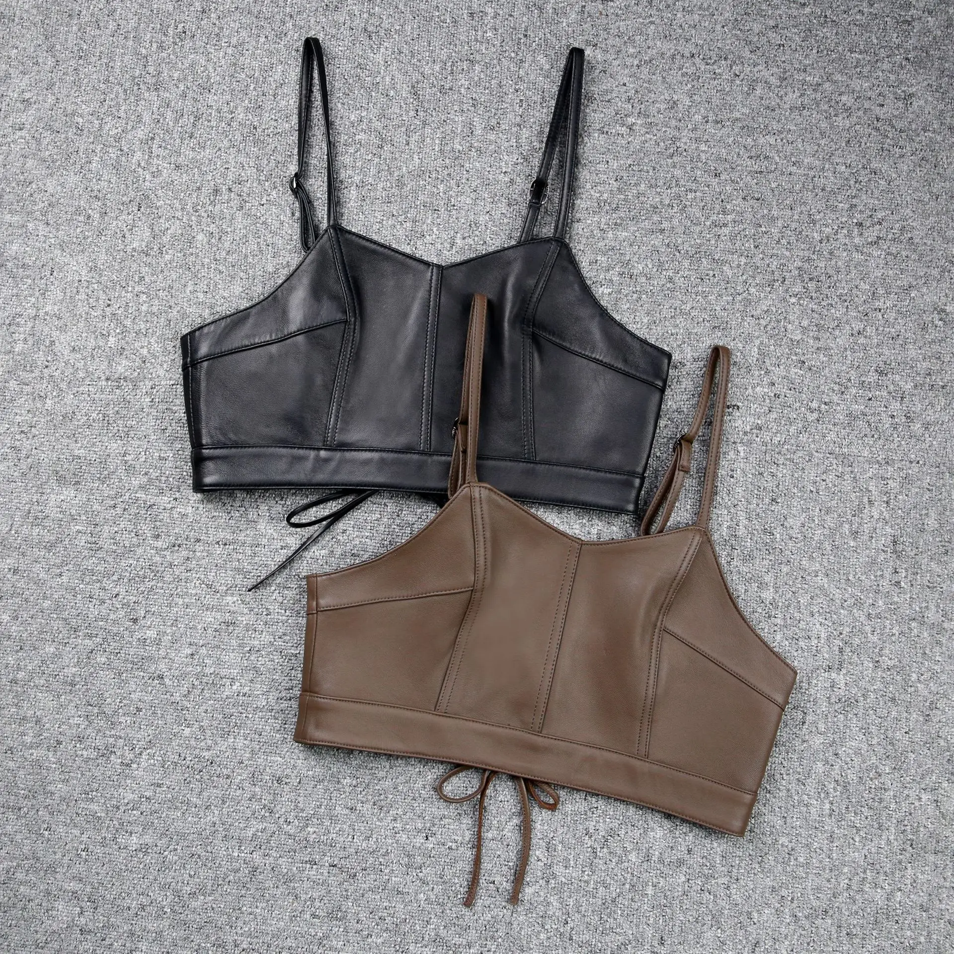 2022 New Fashion Simple Design Strap Tube Top Vest Real Sheepskin Leather Camisole E23