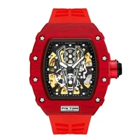 pintime fashion men sport automatic red watch mechanical movement rubber strap luxury style hollow dial gift wristwatches