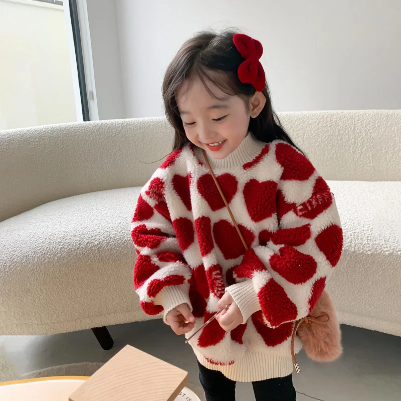 

2022 Winter Girls Cute Heart Thick Warm Fleece Sweatshirts Baby Kids Children Pullover Top Outerwear Casual Acrylic