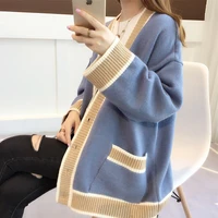 elegant cardigan knitted korean fashion stripe wool sweater for female womens winter long sleeve v neck casual knitwear coats