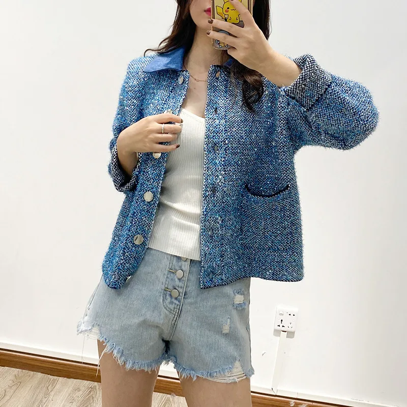 

Women Single Breasted Denim Patchwork Tweed Jacket Fall Winter Fashion Lady Loose Casual Outwear