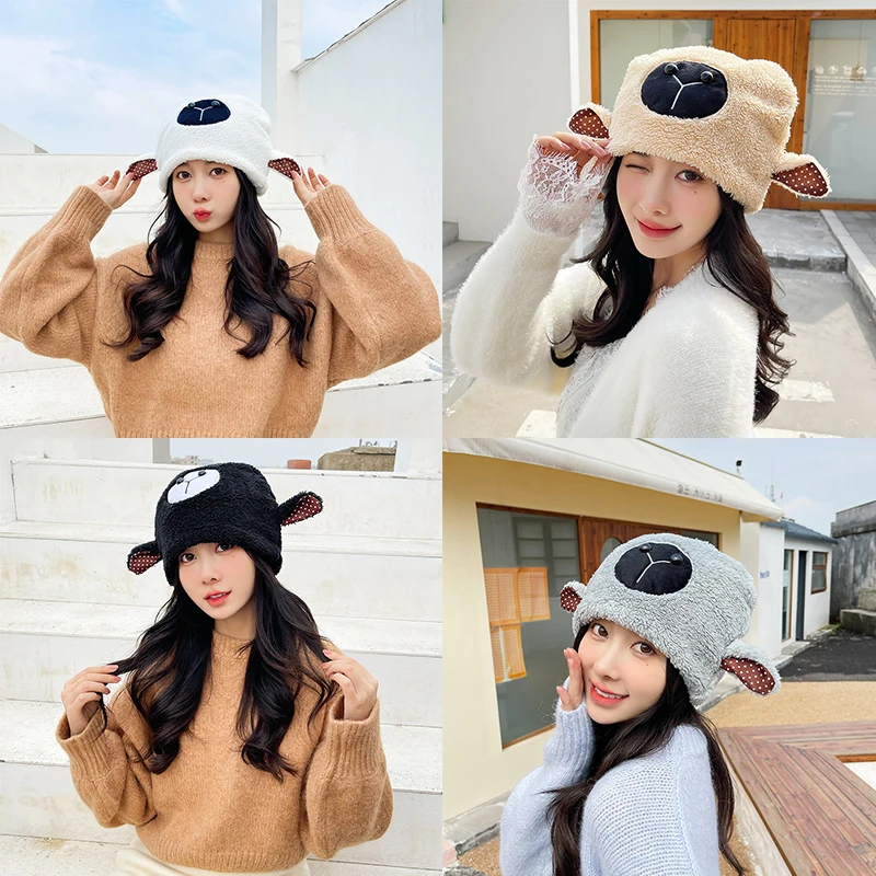 

Autumn Winter Fashion Kawaii Warm Lamb Wool Beanie Caps Sweet Cute Plush Soft Caps Cartoon Animal Shape Head Accessories