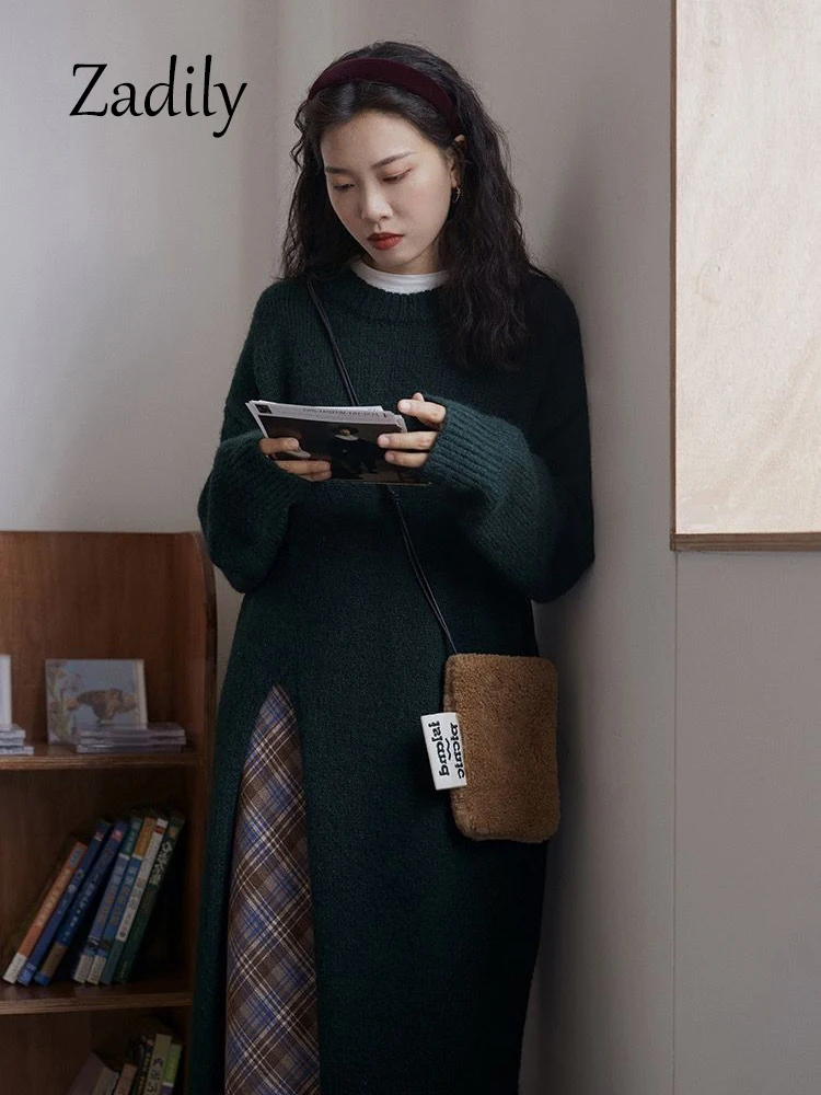 Женский Длинный свитер с длинным рукавом круглым вырезом и разрезом