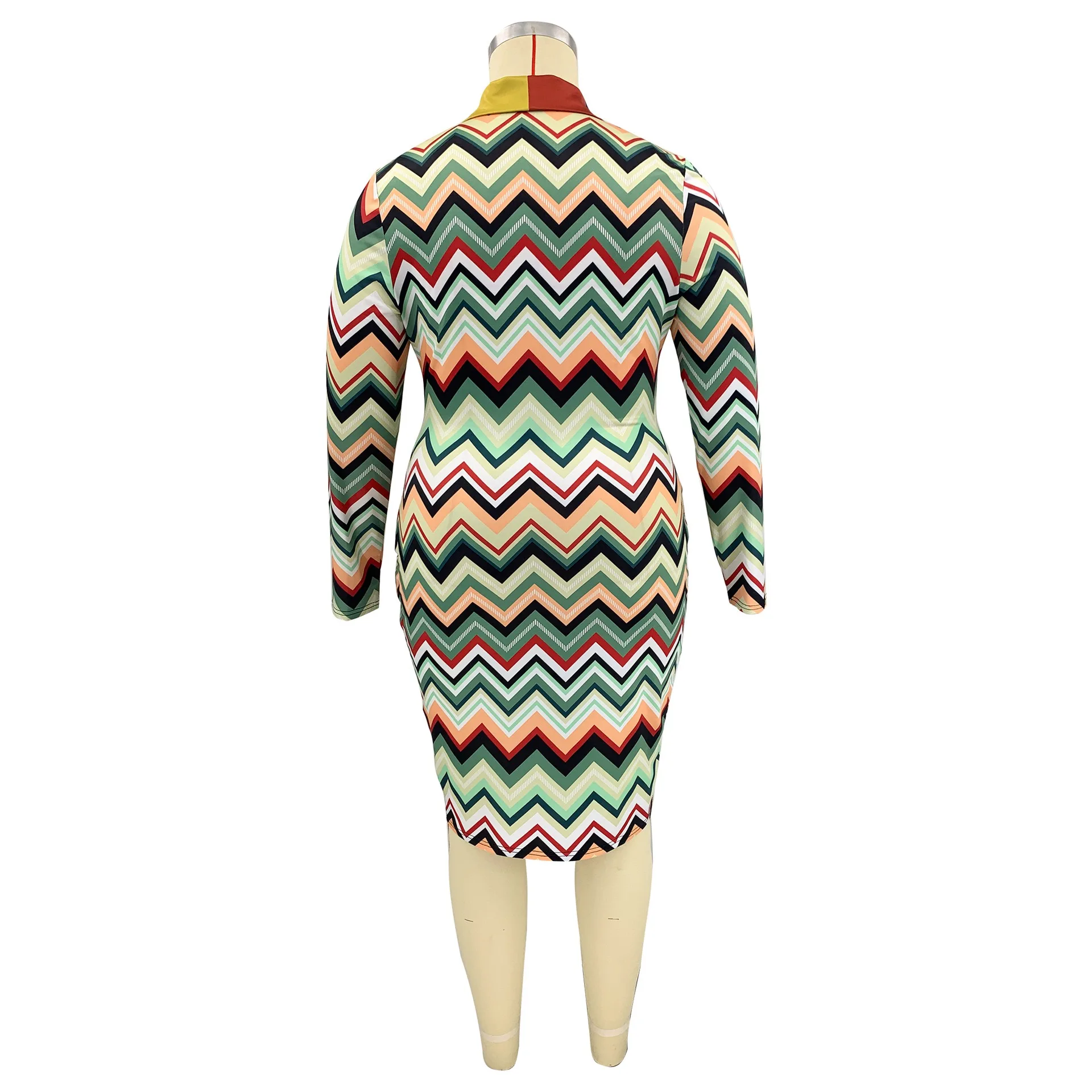Plus Size Dresses for Women Geometric Printed Full Sleeve Turn Down Bodycon High Waisted Mid Calf Elegant Large Dress Cloth Big