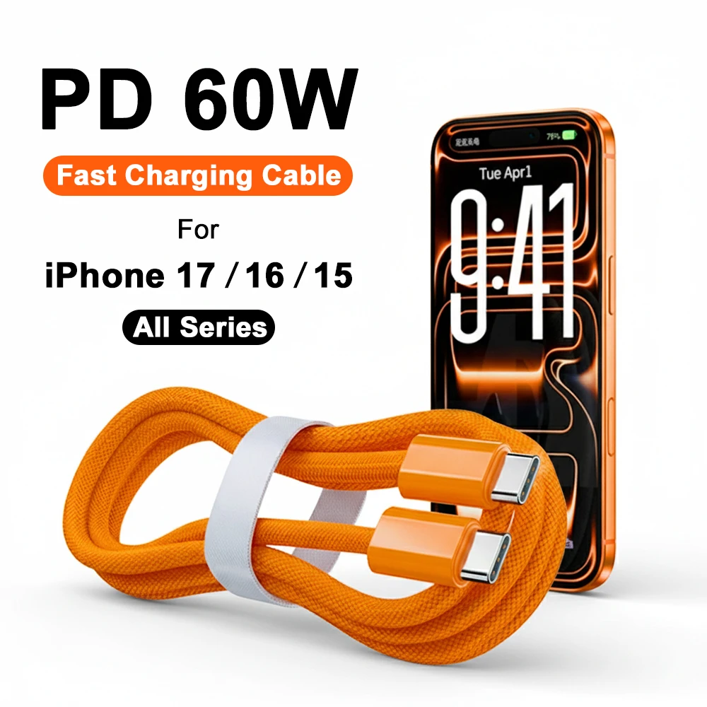 Para iphone17 pro max cabo de carregamento rápido 60w pd usb tipo c para c cabo carregador rápido para iphone ar 16e 15 ipad fio de alimentação trançado