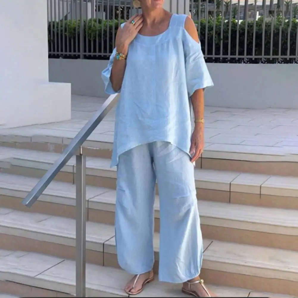 

1 Set T-shirt Pants O Neck Blouse Pants Pure Color Crew Neck Blouse Trouser