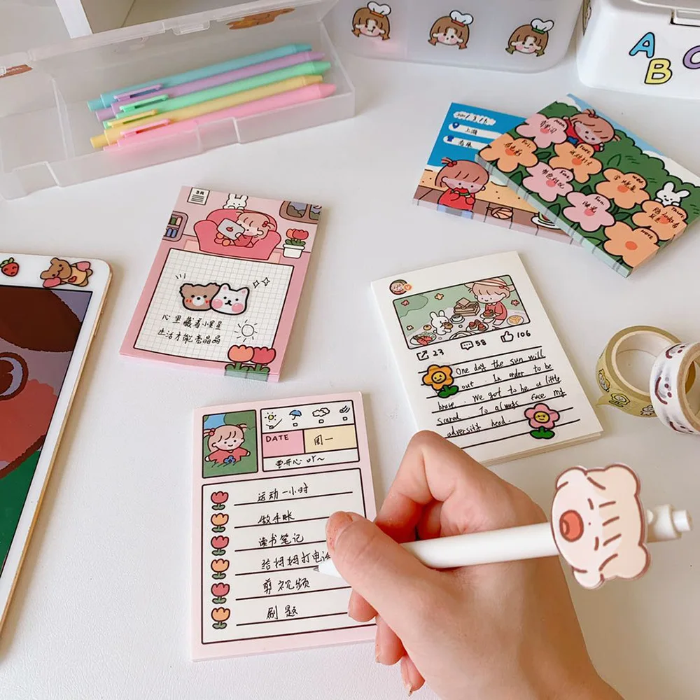 South Korea Ins Cartoon Girl Grid Plan Note Book Sticky Note Hand Account Sticker Student Message Note Memo Book Notepad