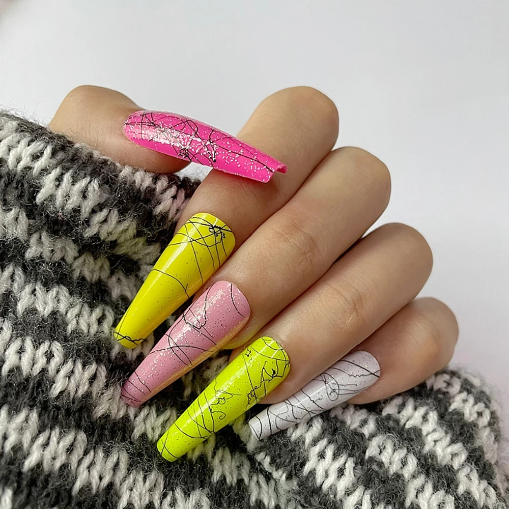 30 шт./коркор. Длинные накладные ногти в форме балерины черная линия дизайн с