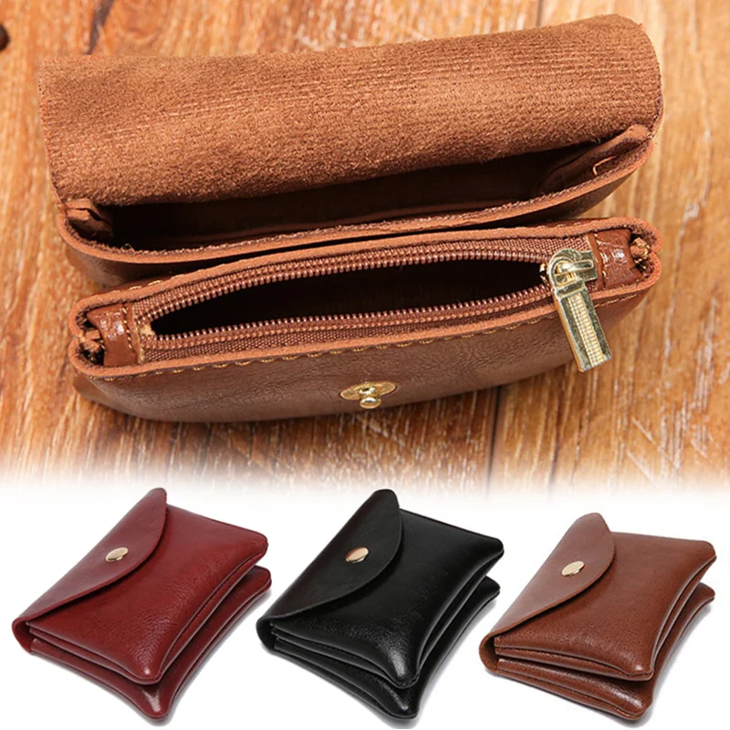 

Retro Coin Purse For Women Double Layer Card Holder Quality Oil Wax Skin Mini Wallet With Zipper Earphone Lipstick Storage Pouch