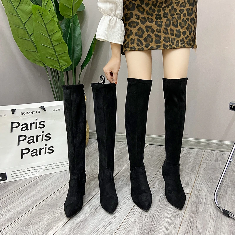 Women's Boots Autumn and Winter Elastic Cloth Socks Middle Boots Sexy Ladies High Quality Pointed Toe Knee-high Nude Boots