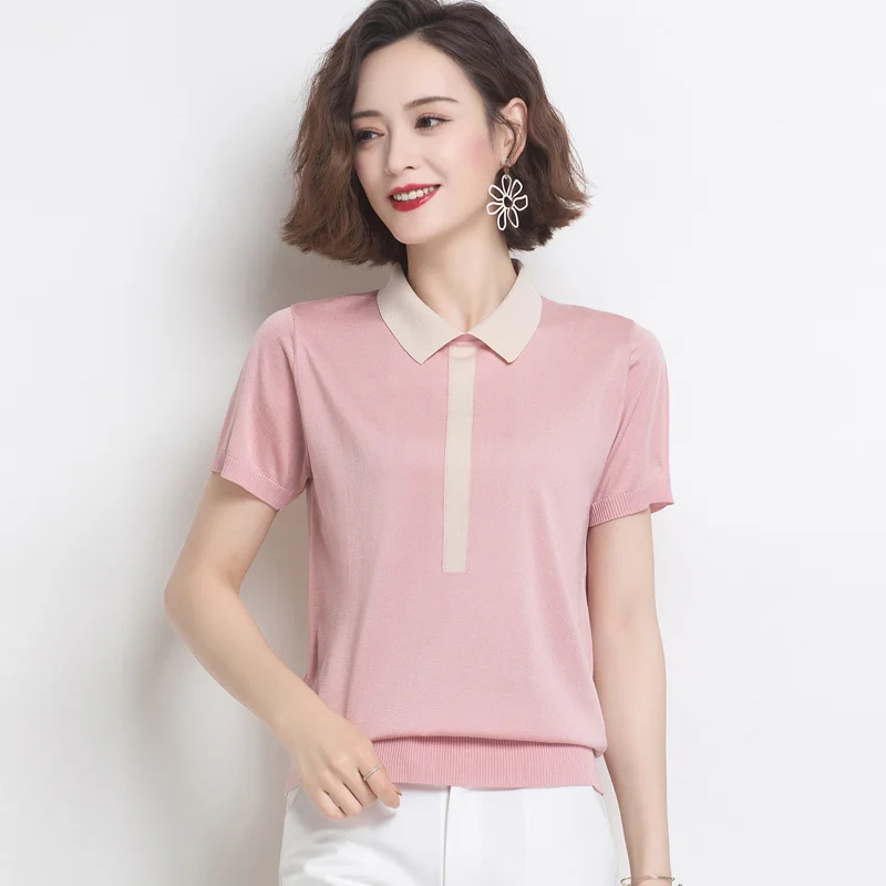 

Doll collar knitted ladies Polo shirt short sleeve 2022 new summer lapel ice silk women's blouse