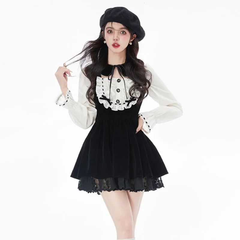 

2022 Autumn Black French Vintage Velvet Dress Female Lace-Up Korean Style Kawaii Dress Women Lace Sweet Evening Party Mini Dress