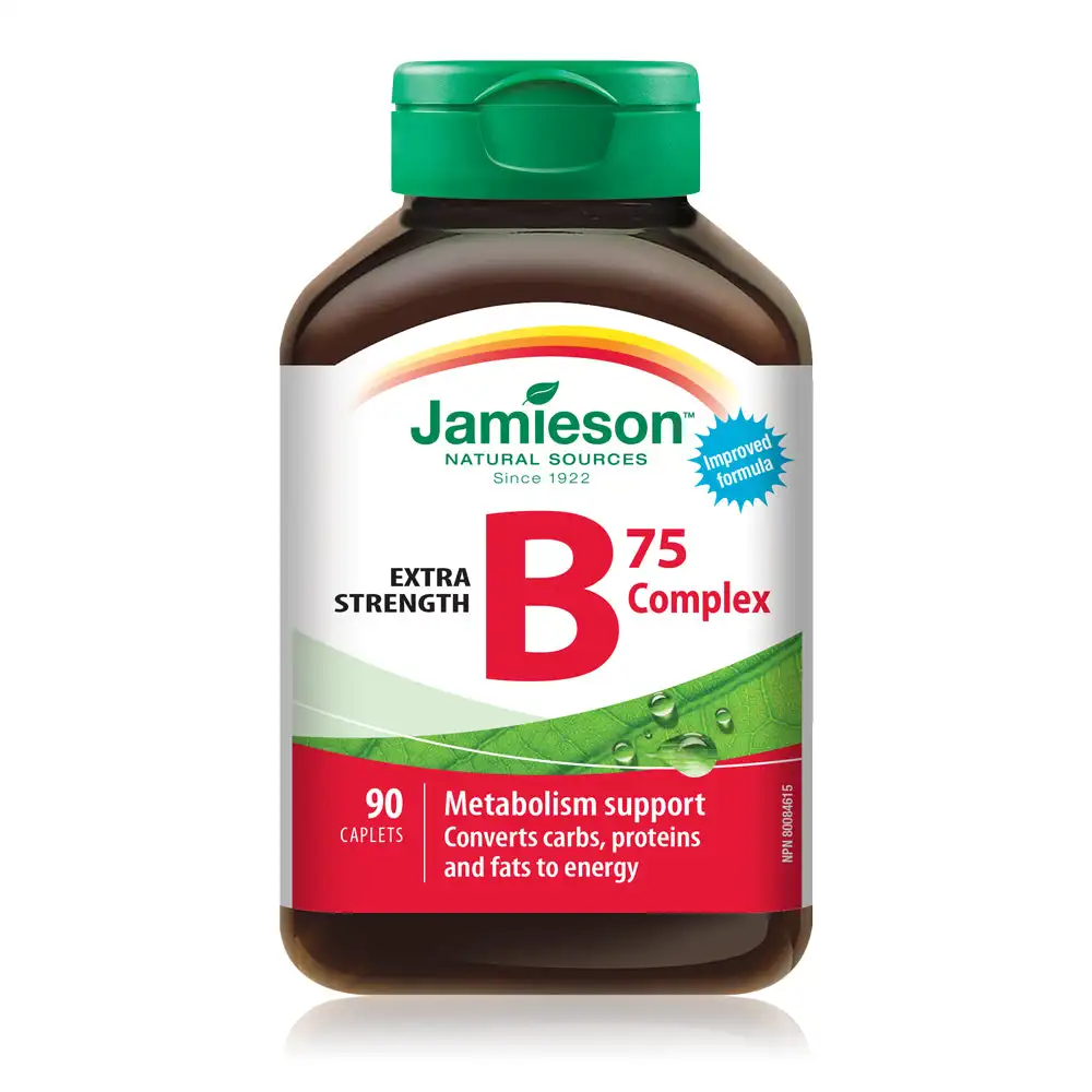 Jamieson Canada Vitamin B 75 Complex Including b2b6b12, Helps maintain energy levels relieve symptoms of stress 90 Caplets