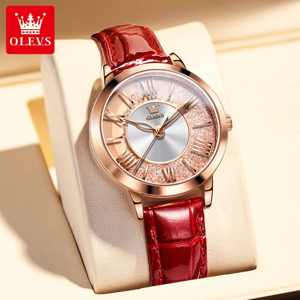 OLEVS 2023 New Top Brand Luxury Women Watches Fashion Red Leather Ladies Watch Waterproof Quarzt Wristwatch Montre Femme