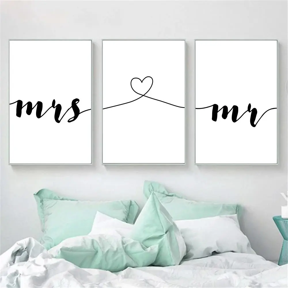 

Mr Mrs Love Quote Wall Art Canvas Painting Minimalist Heart Line Drawing Print Couple Love Word Modern Picture Living Room Decor