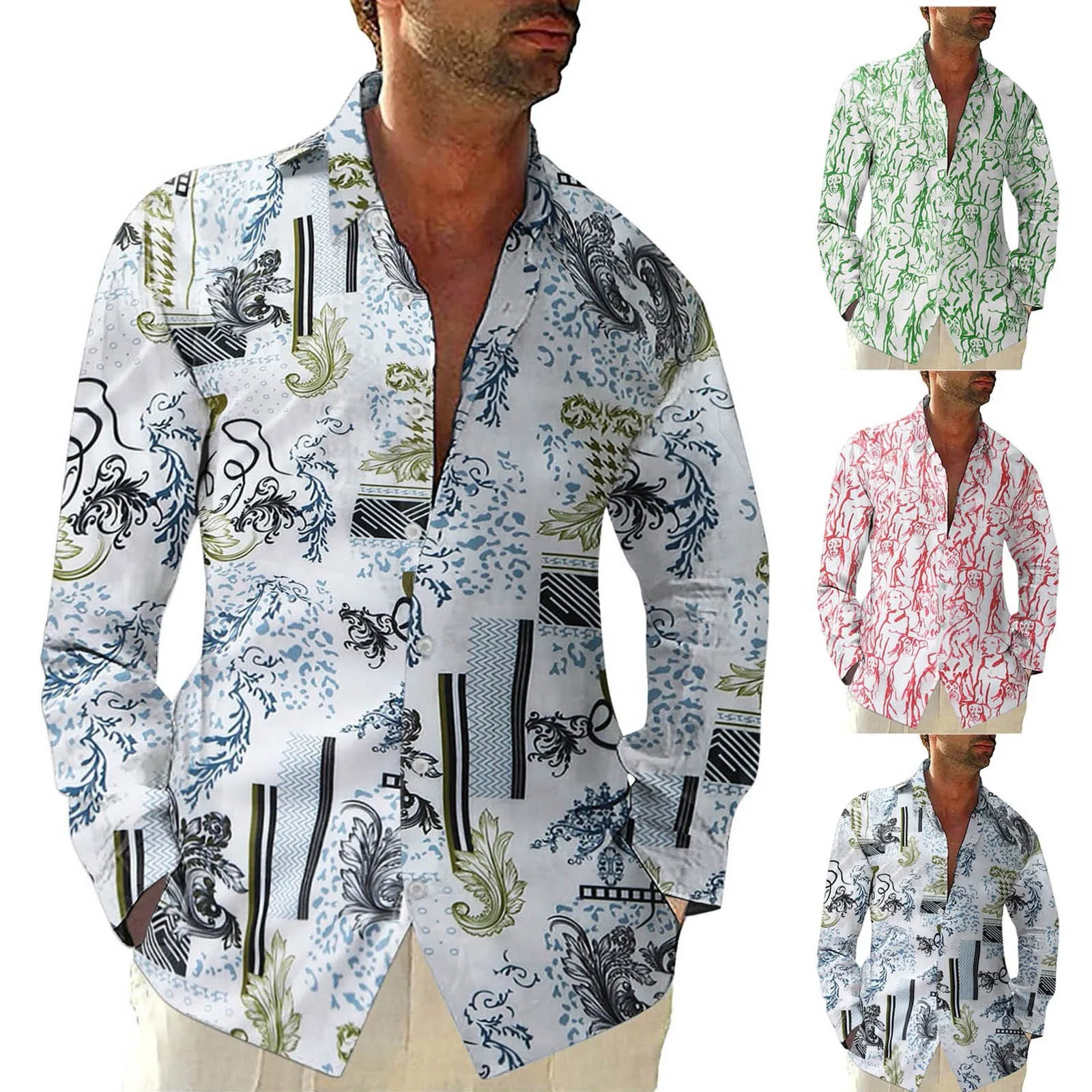 

Men's Printed Casual Lapel Loose Large SIze Long Sleeved Shirt Summer Tee