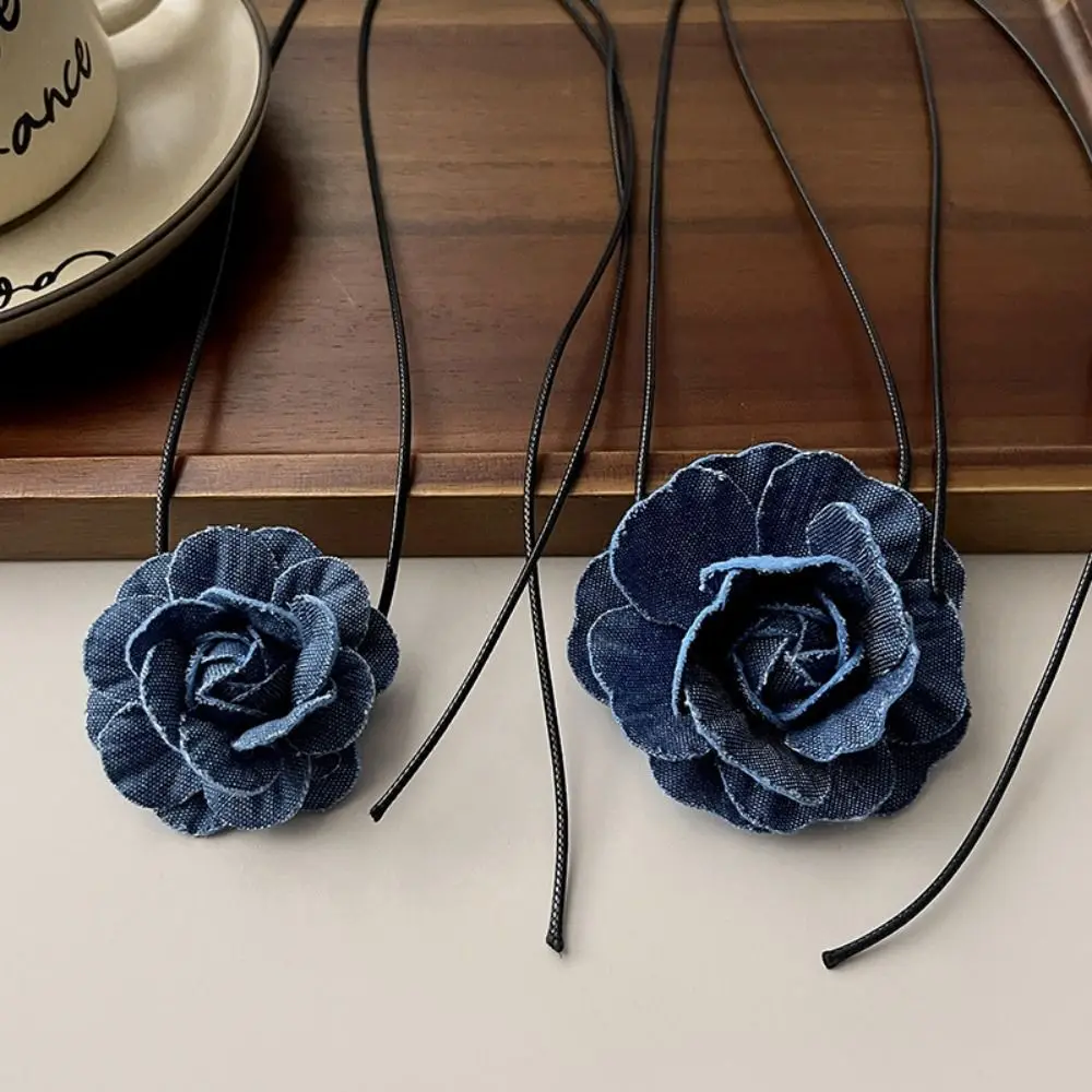 

Flower Girl Gift Denim Fabric Flower Elegant Alloy Girl Choker Fashion Jewelry Flower Necklace Korean Style Necklace