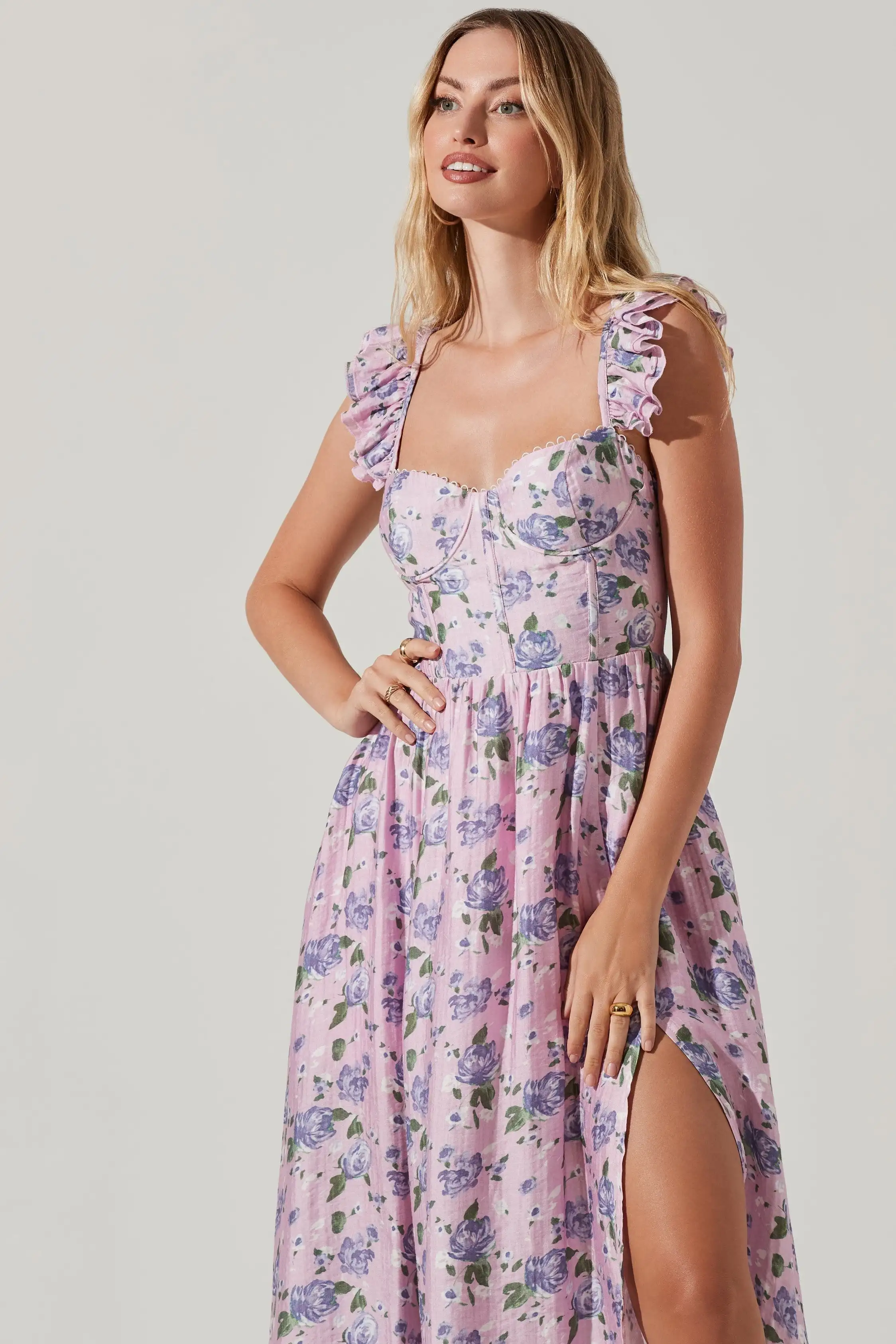 

2023 New Summer Flower Print Sleeveless High Split Mid Calf Dress Graceful Woman Afternoon Tea Party Outfit Vocation Vestido
