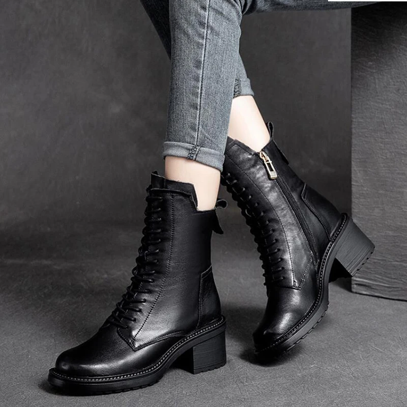 2023 High Top Cow Leather Quality Women Shoes Autumn Winter Square Med Heel Ankle Boots Lace Up Zipper Ladies Warm Cotton Boots