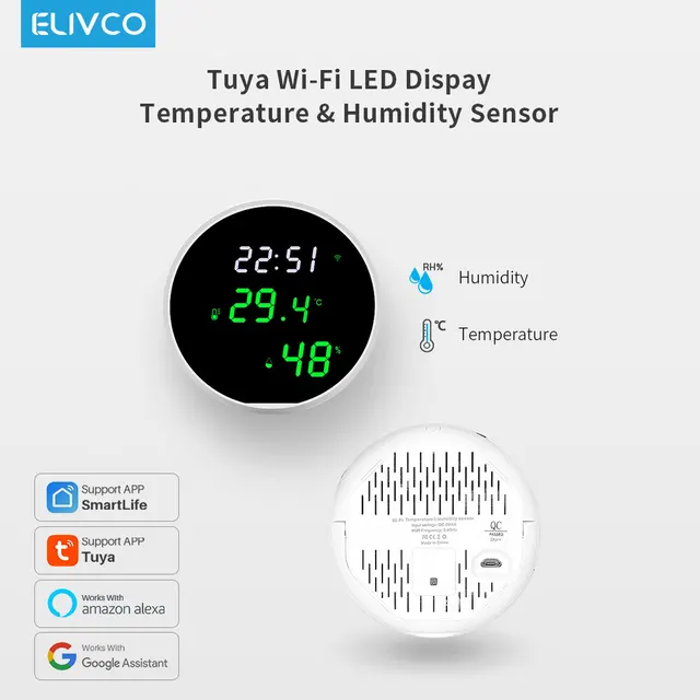 Tuya WiFi Temperature Humidity Sensor,Smart Indoor Hygrometer Thermometer,With LCD Display Backlight,Support Google Home Alexa 2