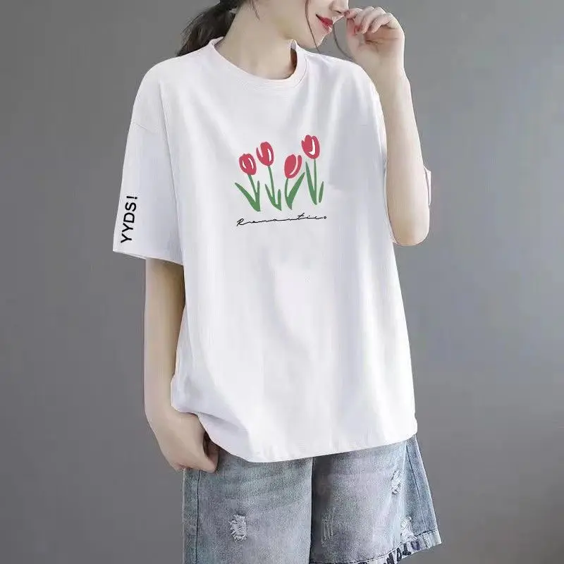 Женская футболка с коротким рукавом круглым вырезом и принтом