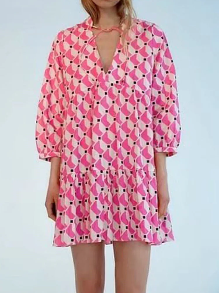 Фото Женское Повседневное платье с длинным рукавом Розовое свободное оборками