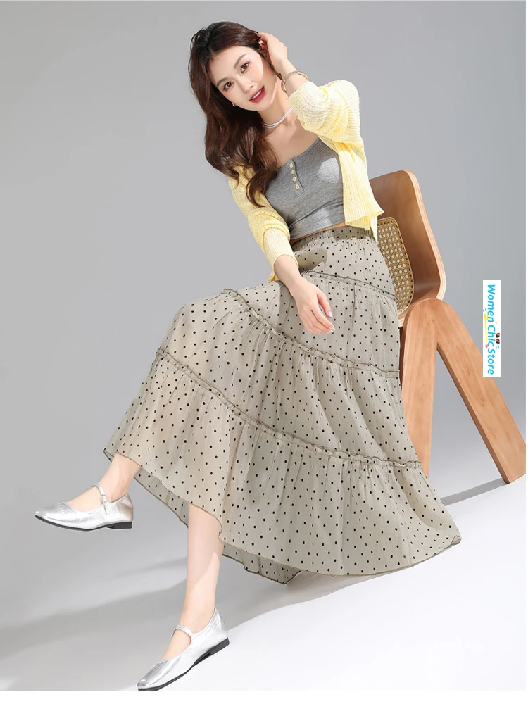 Женская длинная юбка в горошек повседневная черная свободная трапециевидная с