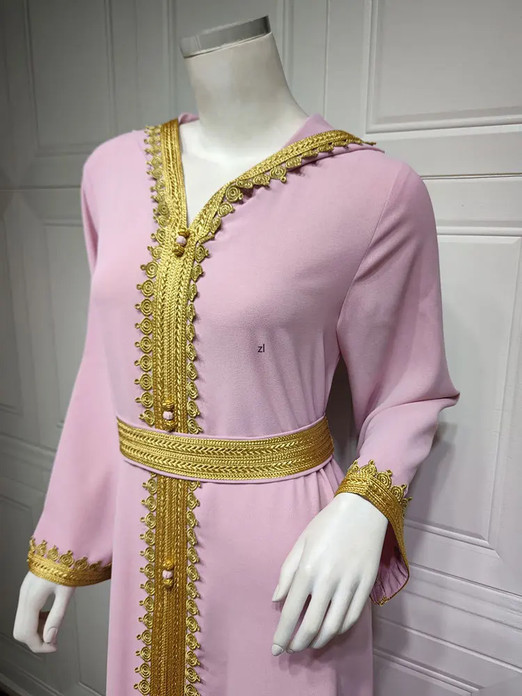 Djellaba Hooded Abaya Lace Trimmed Cotton Arabian Long Dress Dubai Saudi Gulf Jalabiya Elegant Women Muslim Modest Kaftan Pink