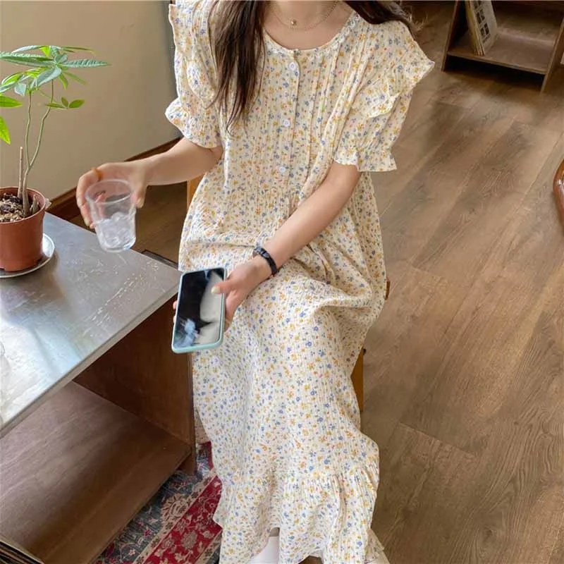 Nightgown Women Cotton Floral Short Sleeve Sleepwear Loose Korean Ruffles Sweet Summer Dress Nightdress Sleepshirt Home Clothes