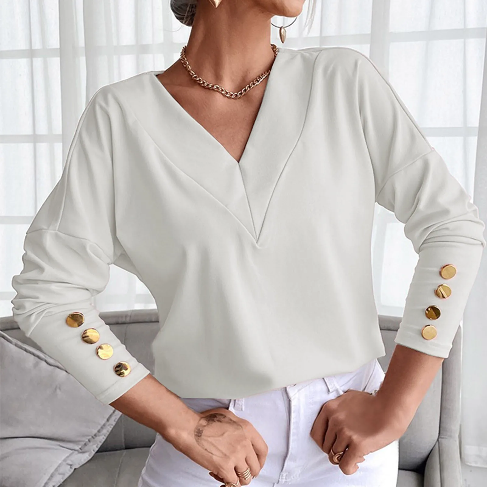 

Womens V Neck Long Sleeve Top T Shirt 100 Percent Cotton Clothing Women Womens Casual Shirts Summer Long Sleeve Loose Top