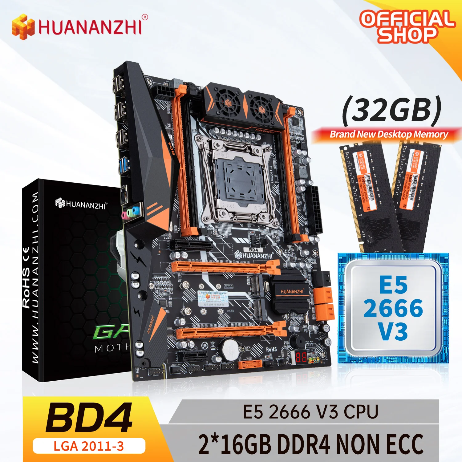 

HUANANZHI X99 BD4 LGA 2011-3 XEON X99 Motherboard with Intel E5 2666 v3 with 2*16G DDR4 NON-ECC memory combo kit set NVME NGFF
