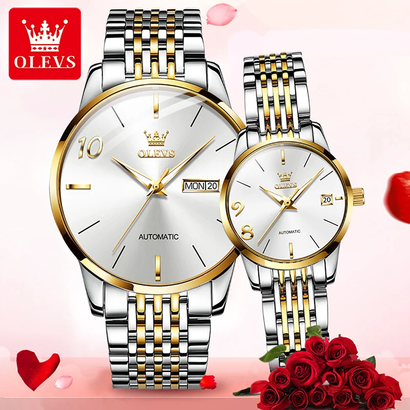 OLEVS Fashion Couple Watches New Waterproof Luminous Simple White Dial Luxury Couple Watch Stainless Steel Strap Weekly Calendar