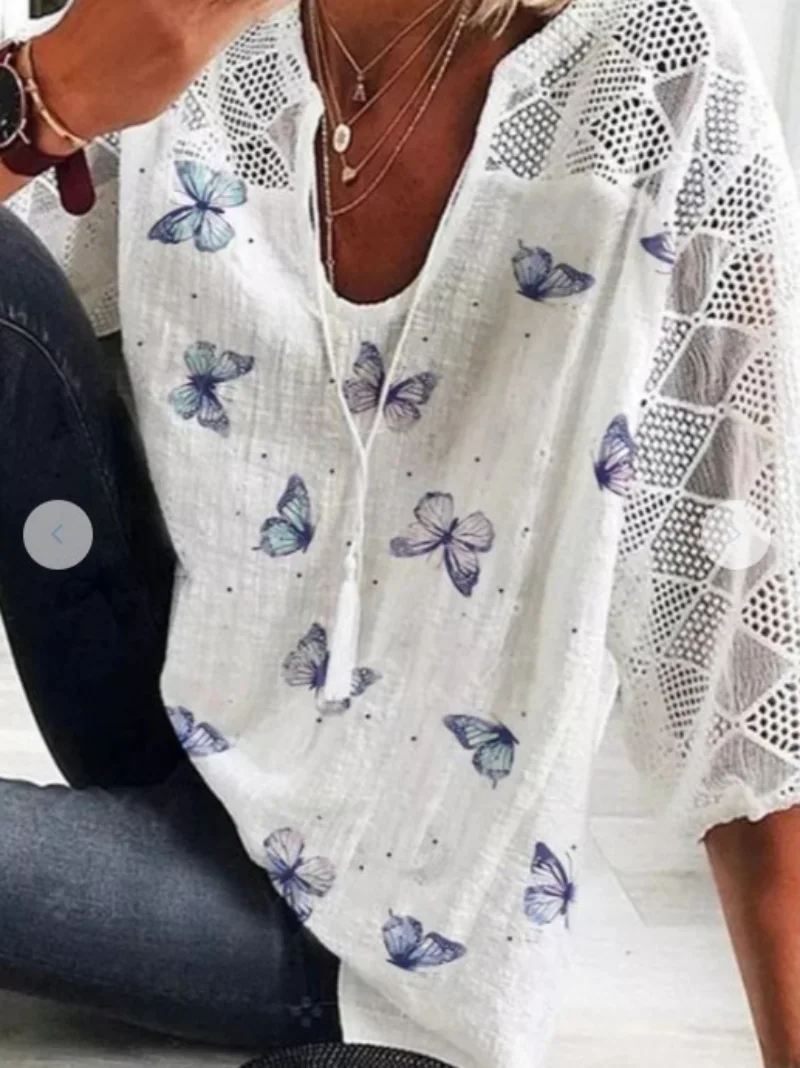 

Женская блузка с принтом, V-образным вырезом и длинным рукавом