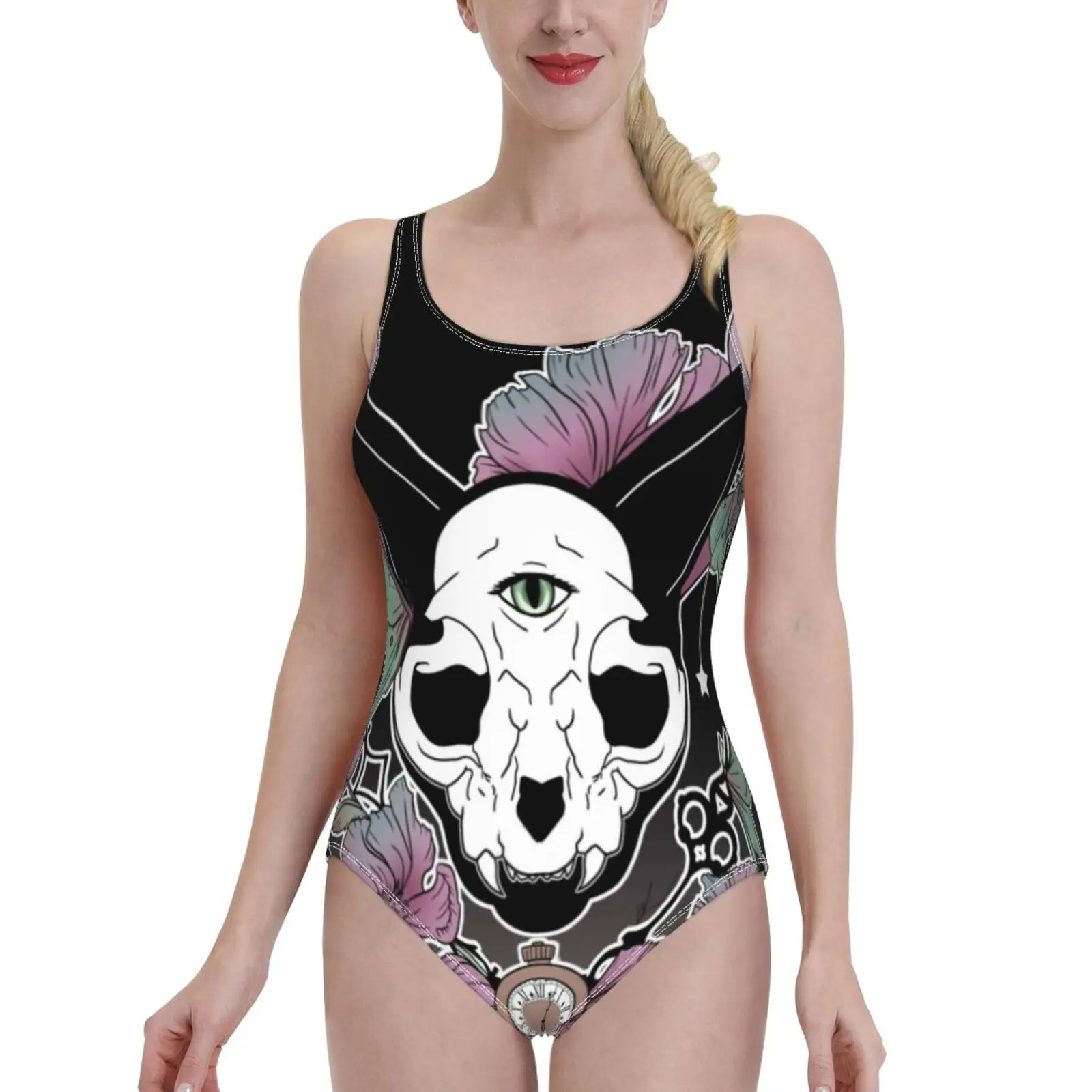 Twilight-- Skull Cat New Sexy Mesh Patchwork Swimwear One-Piece Swimsuit Female Monokini Bathing Suit Skull Cat Kitty Goth images - 6