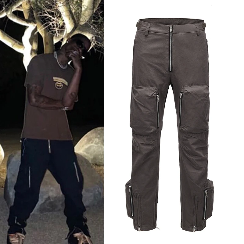 Mens High Street Retro Straight Casual Oversize Cargo Pants Safari Style Loose Trousers Muiti-pockets Drawstring Overalls
