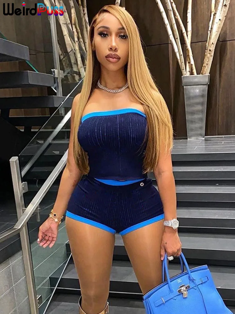 

Trend Strapless Tops+Bike Shorts Stretch Matching Sporty Streetwear Suit Casual Rib 2piece Set Women Tracksuit Summer