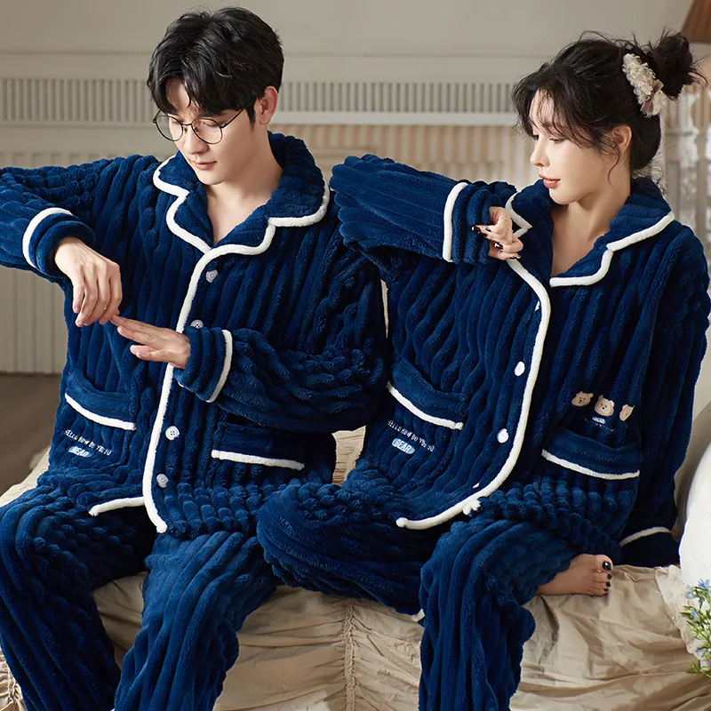 2022 Winter new couples pajamas Flannel and fleece thick pajamas Ladies casual cardigan coral fleece home dress set