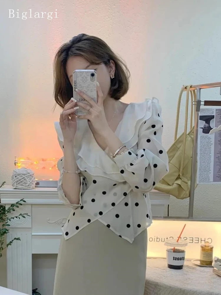 

Spring Summer Polka Dot Shirt Women 2022 Ruffle Shirts Korean Style Elegant V Neck Blouse Woman Ladies Tops Chic Office Shirt
