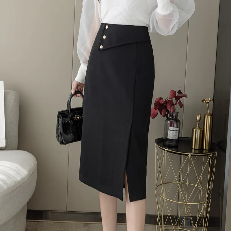 

2022 Spring And Summer New Temperament Commuter Skirt High Waist Slim Suit Medium Skirt Split Lady Hip Wrap Skirt