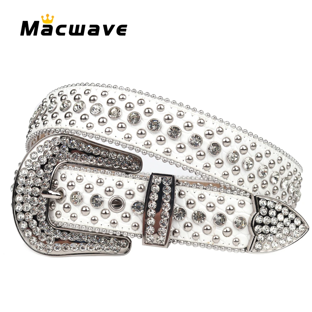 New White Bead Belt For Women Men Rhinestones Belt Luxury Buckle Quality Leather Strap With Diamond Western Ceinture Femme Jeans