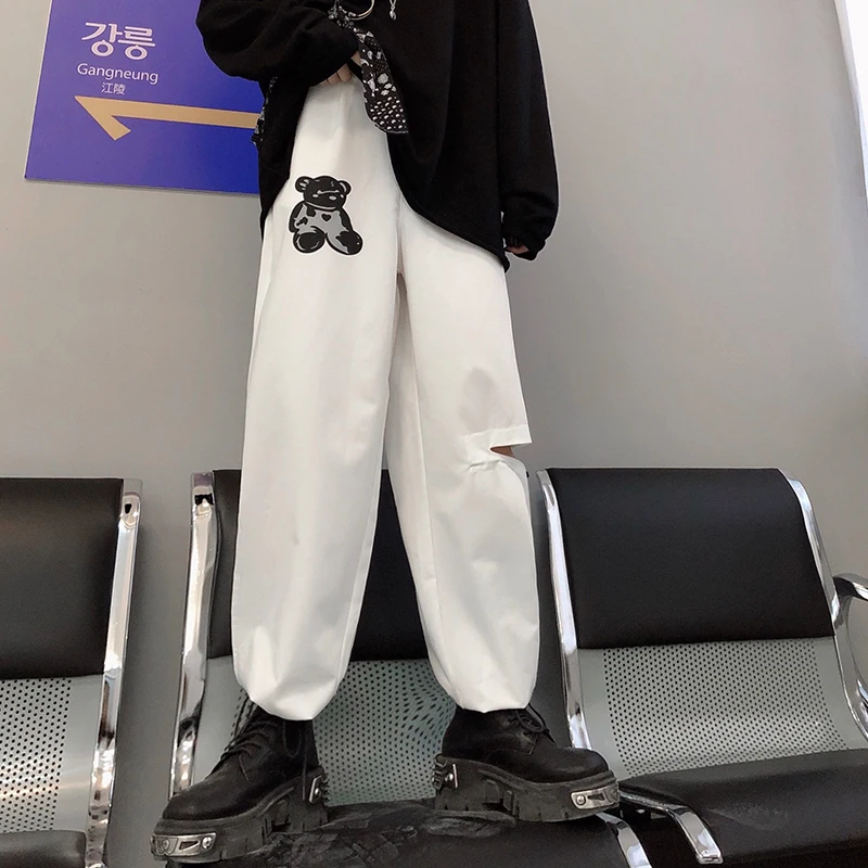 

Брюки Estceque женские с рисунком медведя, Модные свободные штаны, Черные Прямые рваные спортивные брюки, лето 2022